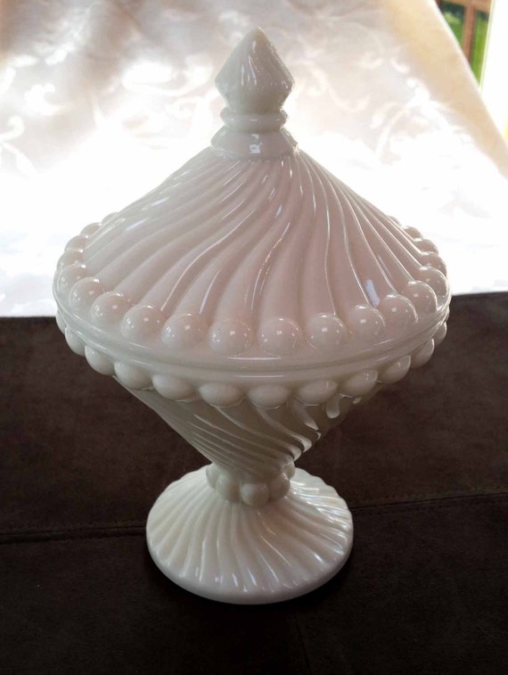 Westmoreland Milk Glass Covered Candy Dish Swirl and Ball