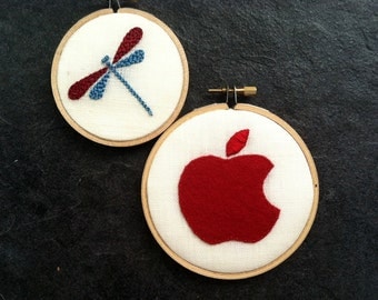Dragonfly & Apple - hand-embroidered hoop art home decor wall wear by mlmxoxo