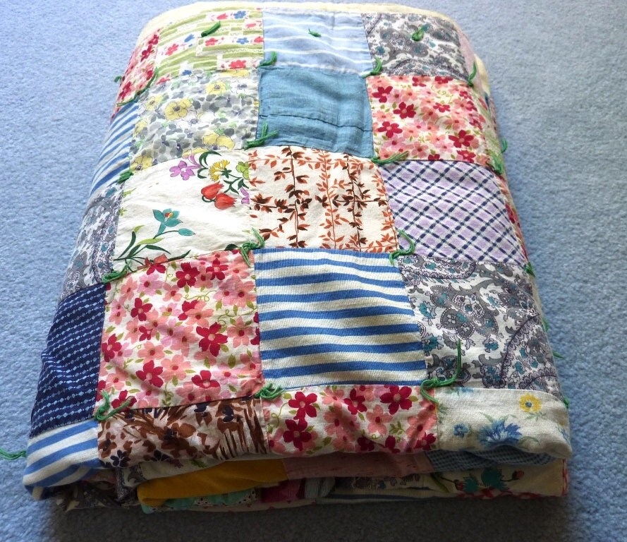 Vintage Hand Tied Quilt 1940s Patchwork Quilt by TheSewingGin