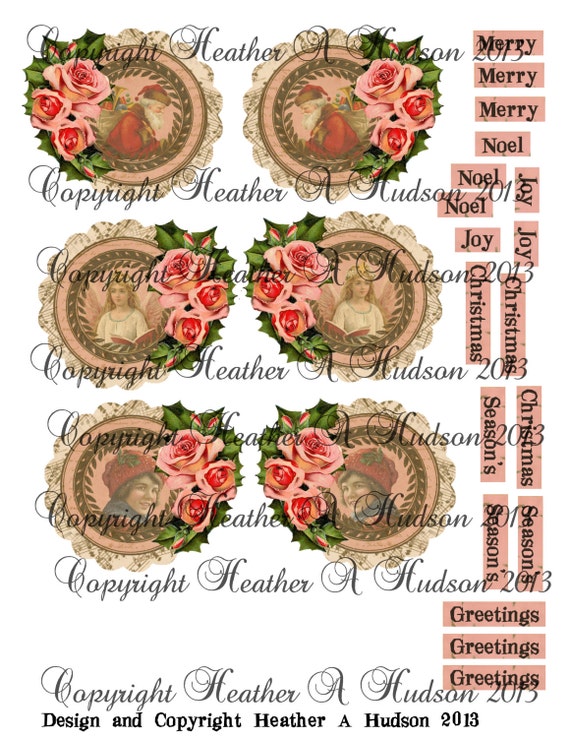 Vintage Shabby Chic Pink Roses Christmas Countdown Advent Calendar Focal  tags Ornaments  Digital Collage sheet Printable