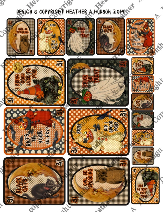Vintage Halloween Pumpkin Moon Witch Playing Cards Digital Collage sheet Printable