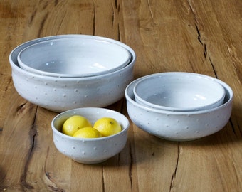 Serving Bowls - White Polka Dot Wide Mouth Bowls - Nesting Bowls - Set of 5