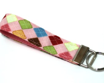 Key Fob, Wristlet Key Chain, Wrist Key Strap- Pink Argyle
