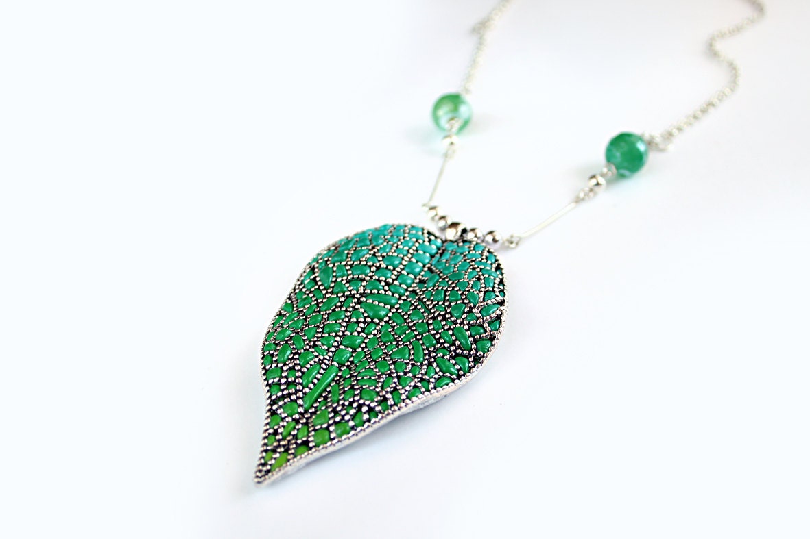 Leaf Necklace polymer clay long necklace with agate beads