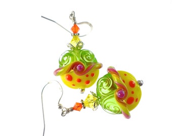 Yellow Lampwork Earrings, Green Beaded Earrings, Summer Fun Earrings, Colorful Glass Bead Earrings, Beadwork Earrings, Lampwork Jewelry