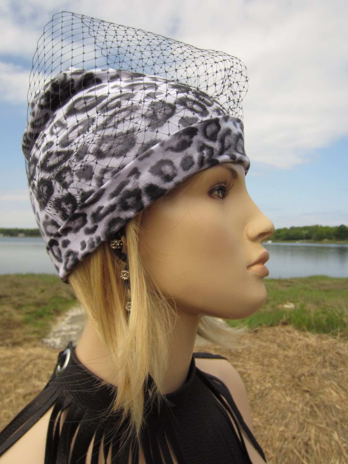 Leopard Print Beanie Hats With Veils Black / Gray Veiled Knit
