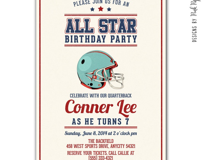 Football NFL Sports Invitation, Retro Style, I will customize for you, Print your own, Birthday, Baby Shower