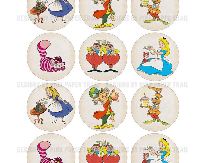 Alice in Wonderland Themed Party Circles for Cupcake Toppers/Stickers/Tags and Cupcake Wrap Template