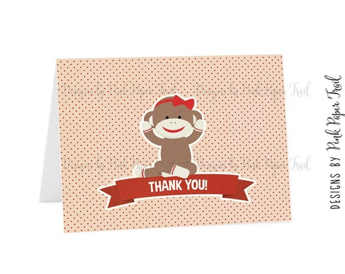 Sock Monkey Thank You Card for Girls, Print your own