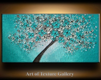 48 x 24 Custom Big Oil Painting Original Texture Aqua Blue Teal Beige Brown White Floral Tree Sculpture Knife Painting by Je Hlobik