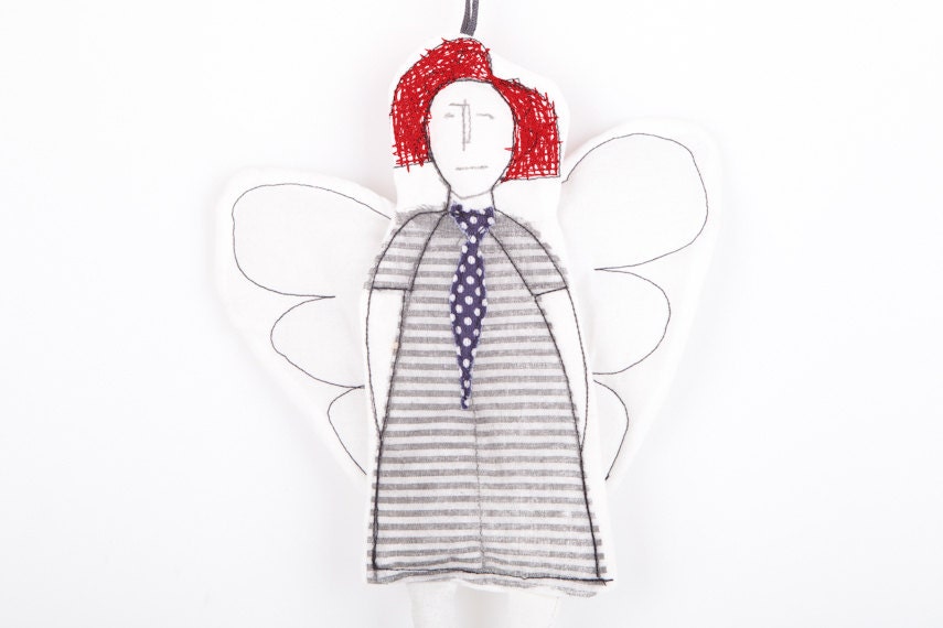 Tooth Fairy ornament , Black & white modern cupid or angel ,in red hair striped dress and navy blue polka dot tie - handmade fabric dolll