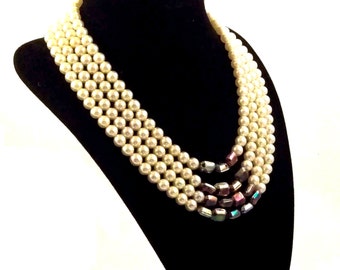 Pearl Necklace Iridescent Multi Strand Glass OOAK