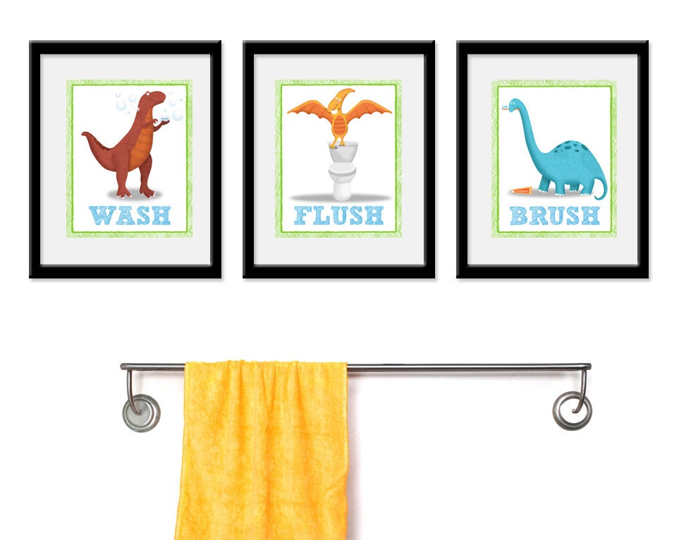 Dinosaur Bathroom Kids Art Set of Three Bathroom Decor