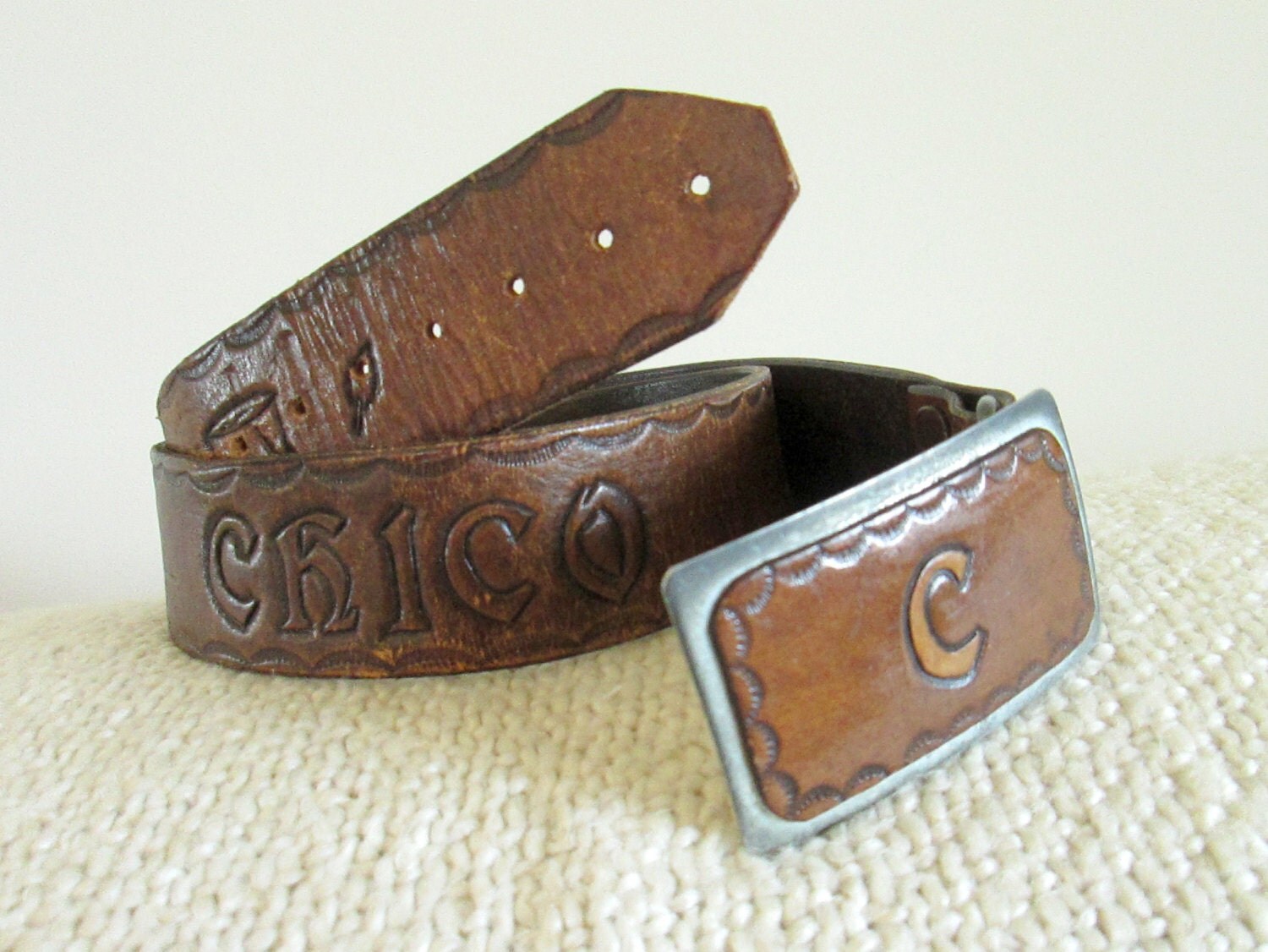Leather Tooled Belt with C Initial Belt Buckle Chico name