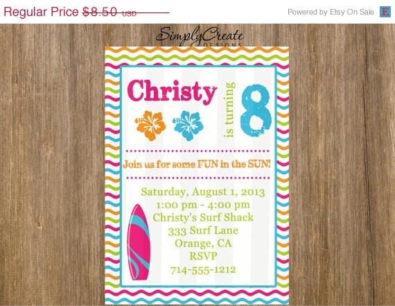 Surf Party Beach Girl Invitation 5x7 or 4x6 Invite Jpeg DIGITAL File Il_570xn