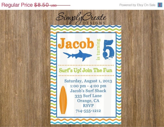 Surf Party Invitation 5x7 Invite Jpeg DIGITAL File Il_570xn