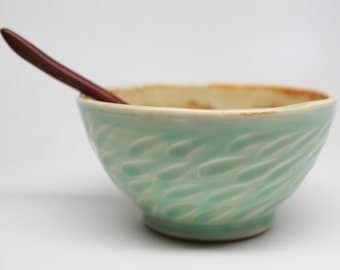 Wheel Thrown Porcelain Dip or Condiment Serving Bowl with Wood Spoon