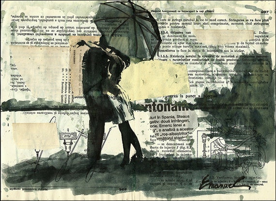 Print Art canvas gift Ink Collage Drawing watercolor Art Love Painting Illustration Couple with Umbrella Autographed signed Emanuel Ologeanu