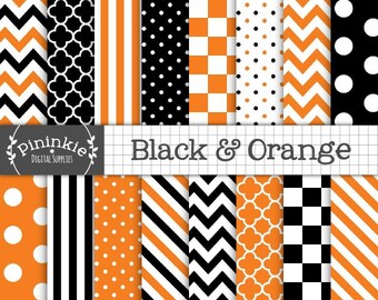 Halloween Digital Paper, Black and Orange Scrapbook Paper, Commercial Use, Orange and Black Chevrons, Orange Polka Dots, Instant Download