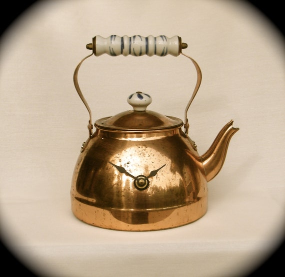 Antique Copper Tea Kettle Kitchen Clock Upcycled Dishes