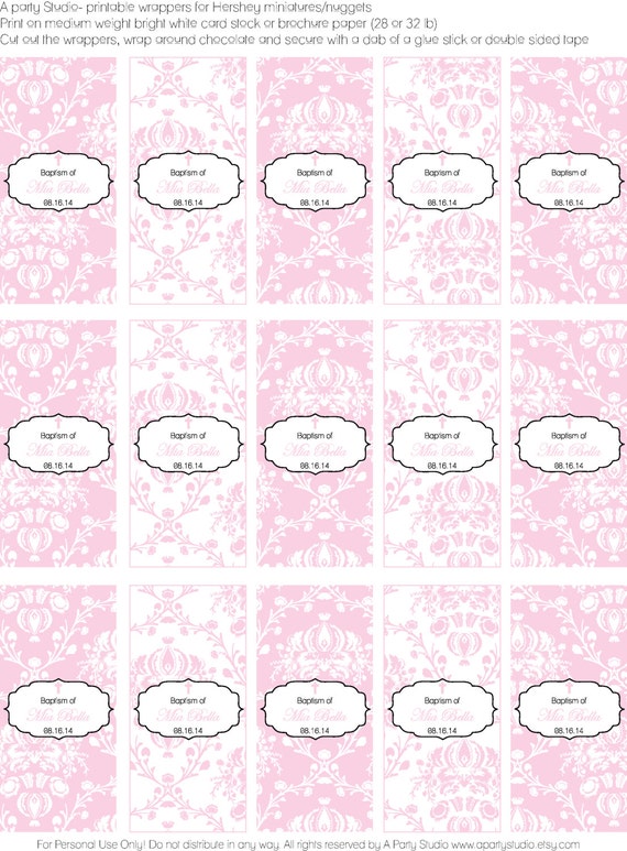 Damask Baptism in Pink or Blue- Personalized Chocolate Miniature Wrappers- Print your own Il_570xn