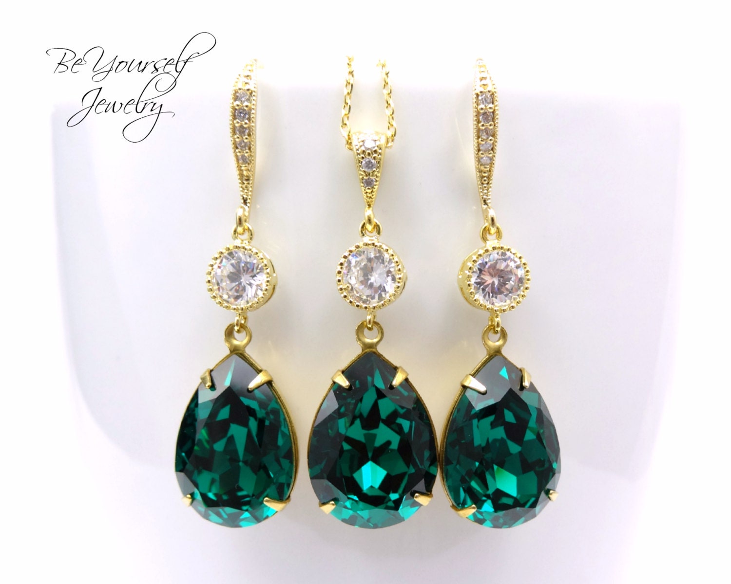 Emerald Wedding Jewelry Green Bridal Earrings Bride Necklace