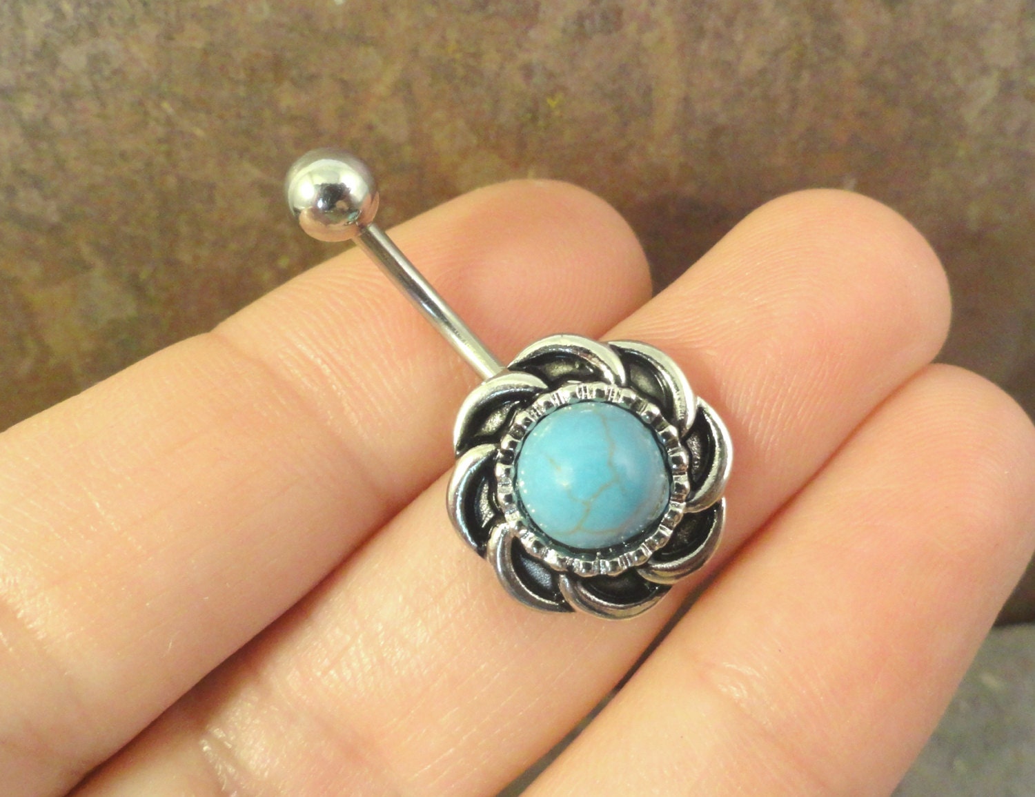 Round Turquoise Silver Belly Button Ring Jewelry