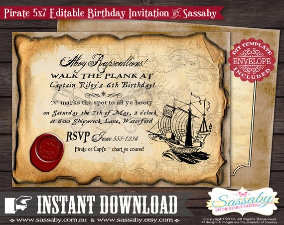 DIY Pirate Boys Birthday Party Invitation - INSTANT DOWNLOAD - Editable & Printable file by Sassaby Il_570xn