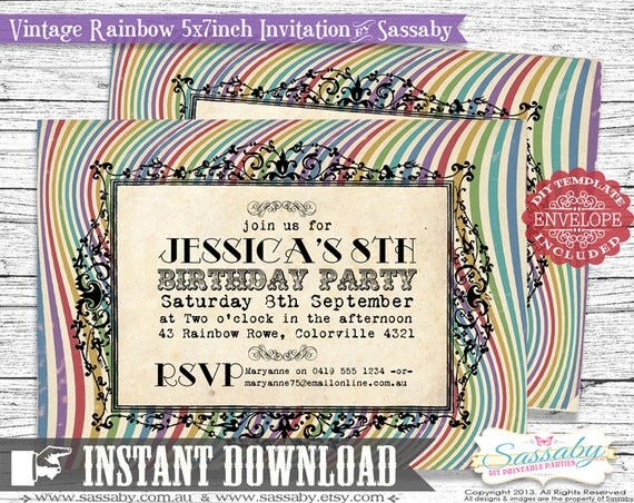 DIY Vintage Rainbow Invitation - INSTANT DOWNLOAD - Editalbe & Printable Party Invitation by Sassaby Il_570xn