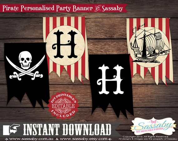 Pirate Party Banner Boys Birthday - INSTANT DOWNLOAD - Editable & Printable Party Decoration by Sassaby Il_570xn