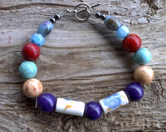 Ceramic,stone,glass beaded bracelet 8 inch