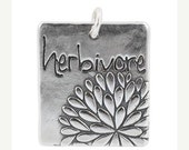 Earth Day SALE HERBIVORE Rectangular Word Pendant with Flower Blossom Design in Sterling Silver by Zoe and Piper, Helps Support Animal Chari