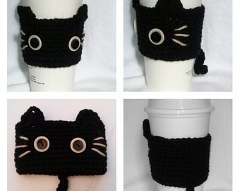 Crochet Black kitty CAT Cup Cozy, CAT Coffee Cup cozy/warmer/cup holder