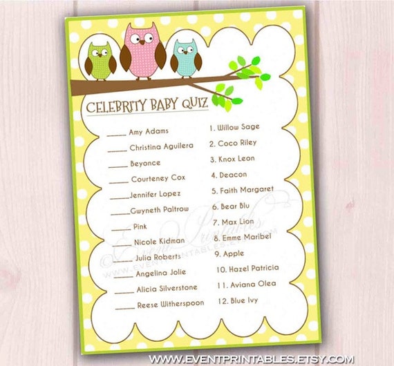  Celebrity  Baby  Quiz  Shower Game Baby  Owls by EventPrintables