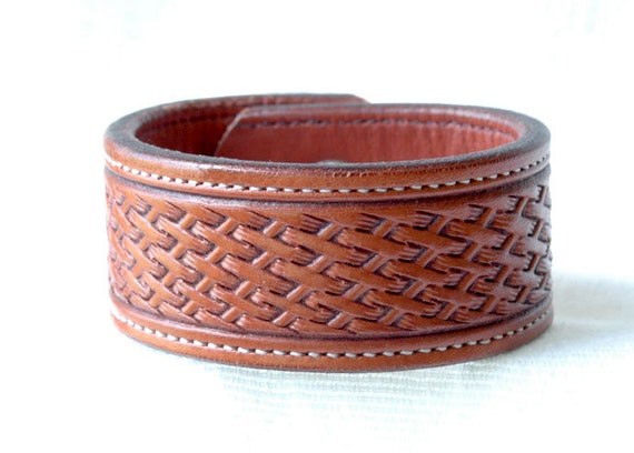 Items similar to Basket Weave Full Grain Leather Man Cuff with Tooled