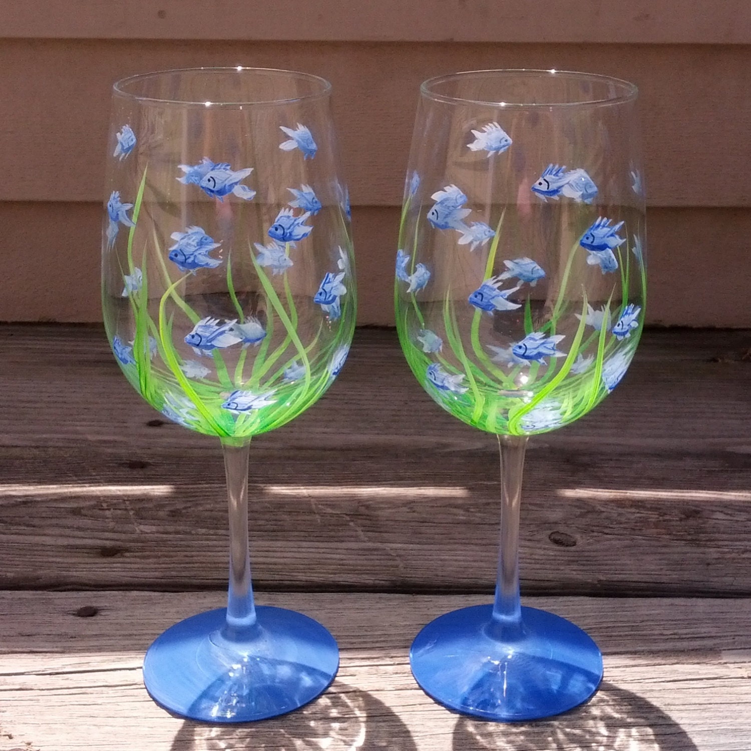 Little Blue Fish hand painted wine glasses.