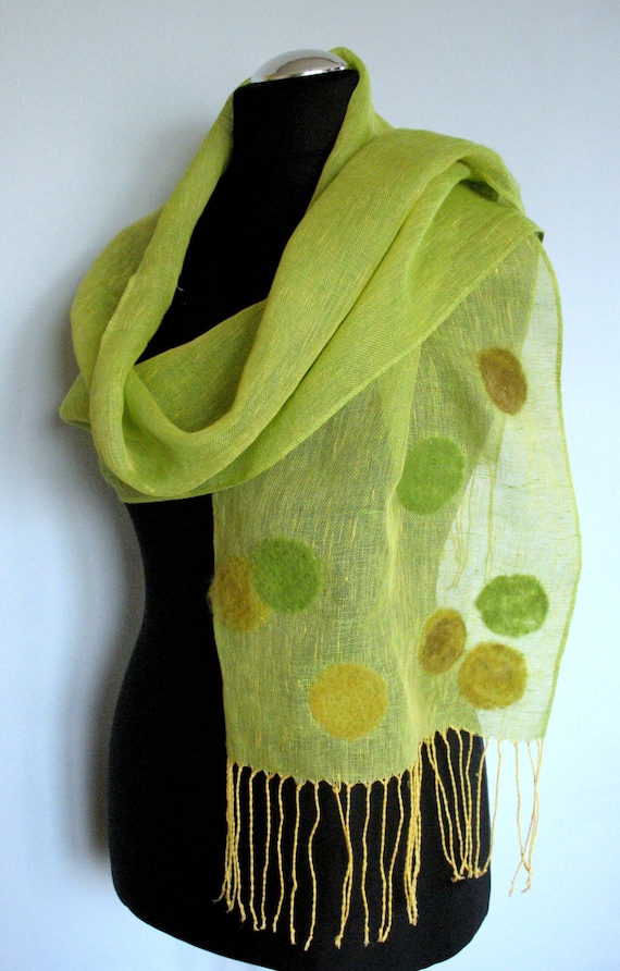 Linen Scarf Felted Wool Green Salad Shawl Scarf