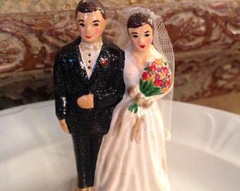Vintage Inspired Wedding Cake Topper Bride and Groom