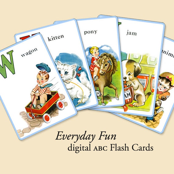 Printable bright vintage ABC flash cards with by skipalongdesigns