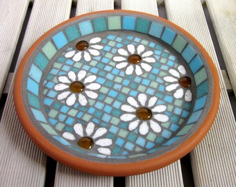Pastel White Daisy Garden Yard Mosaic Bird Bath Birdbath Decor