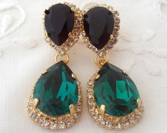 Emerald Chandelier earrings, Emerald black Chandelier earrings, Emerald bridal earrings, Drop earrings, Swarovski earrings, crystal earrings