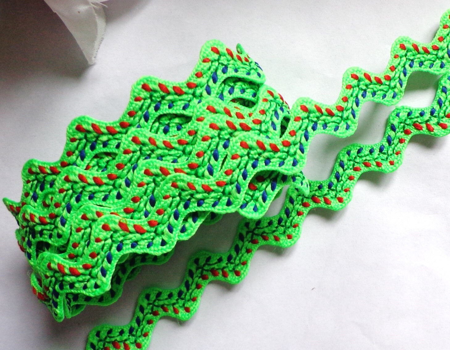 Embroidered Lime Rick Rack w Red/Royal/Green 5/8 By The