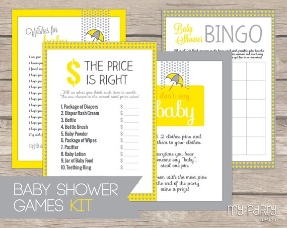 Love Rain Baby Shower Games  Yellow and Grey  Neutral Baby Shower  INSTANT DOWNLOAD 