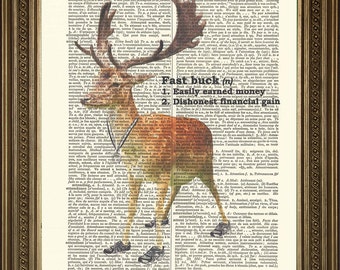 Items similar to DEER HEAD, antlers, buck, stag dictionary art print on