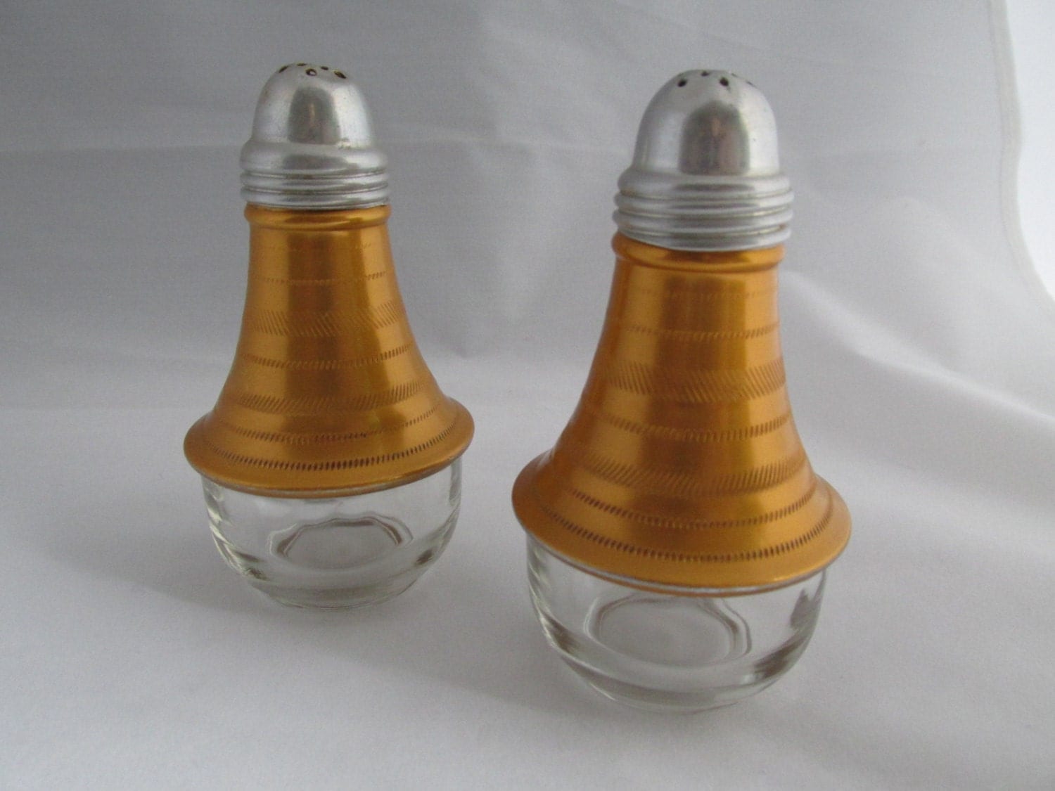 Glass Gold Anodized Aluminum Salt Pepper Shakers Vintage