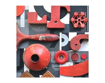 mixed media assemblage, typography vintage sign letters blocks 'Black and White and RED all over' ORIGINAL by Elizabeth Rosen
