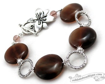 Brown Agate Bracelet, birthstone bracelet, brown bracelet, gemstone bracelet, flower bracelet, coin bracelet, chunky bracelet, gift for her