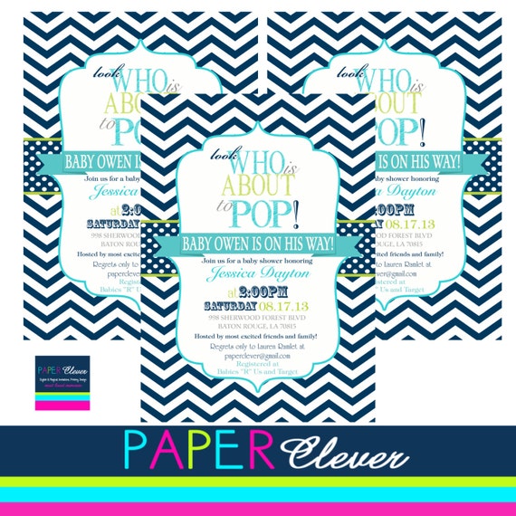 About to POP baby shower invitation boy, navy, aqua - digital file, printable (#120B) Il_570xn