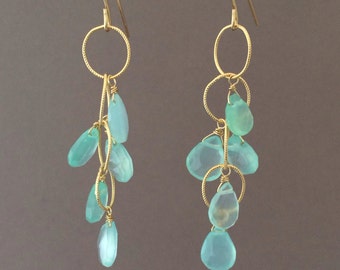 Blue Chalcedony Teardrop Circle Chain Earrings in Gold or Silver