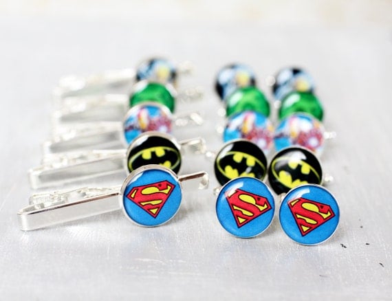 Mens cufflinks and Tie Clips - Wedding set of Groomsmen gifts - Comic Superhero - Superman, Batman, Green Lantern, Wolverine, Iron Man
